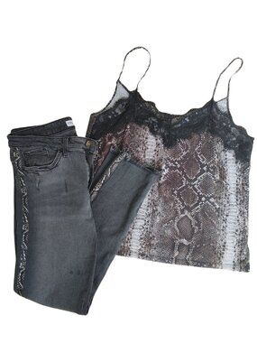ZARA 2-Piece Matching Set: Snakeskin Distressed Jeans & Lace Trim Cami